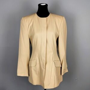 Vintage Mondi Light Spring Wool Tailored Collarless Jacket Medium Tan Minimalist